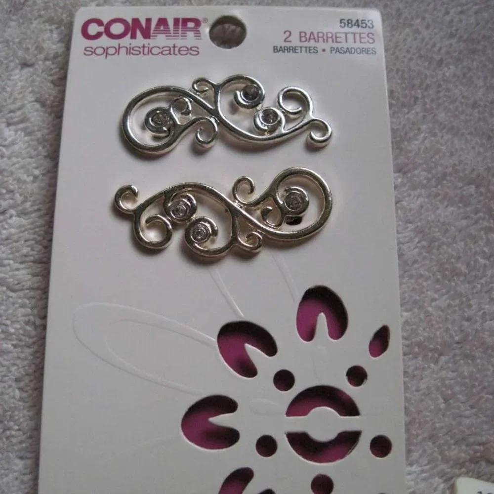 2 Conair Sophisticates Metal Secure Fit Tight Back Hair Barrettes Rhinestones